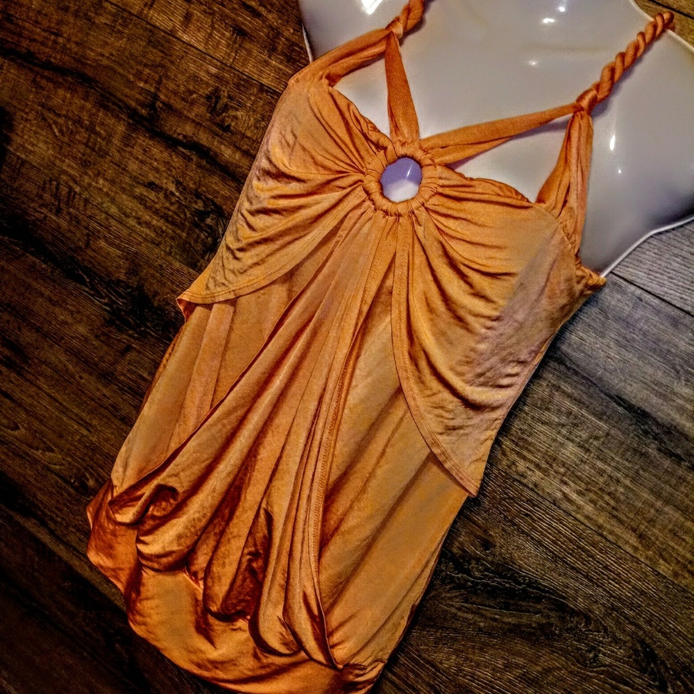 BEBE Top Size M Ruched Toga Twist Strap EUC - Picture 5 of 10